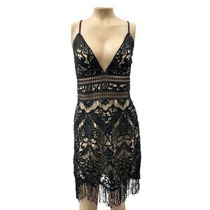 Saylor Black Guipure‎ Lace Fringe Hem Spaghetti Strap Deep V-Neck Midi Dress S